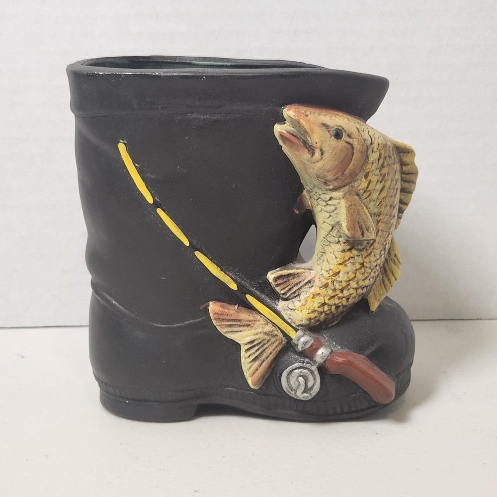 Vintage Japan E-3689‎ Black Boot Ceramic Planter Bass Fishing Pole/Rod Small